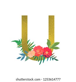 Poster with golden letter U. Floral botanical flowers. Decorative alphabet vector font with bouquet on white background. Textile and cards design.