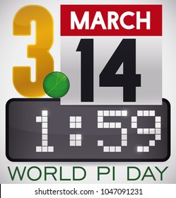 Poster with a golden number, circle with diameter, loose-leaf calendar and digital clock pointing the time to celebrate Pi Day: March 14 at 1:59.