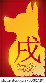 Poster with golden silhouette like a brushstroke over a red background for Chinese New Year of the Dog (written in Chinese calligraphy).
