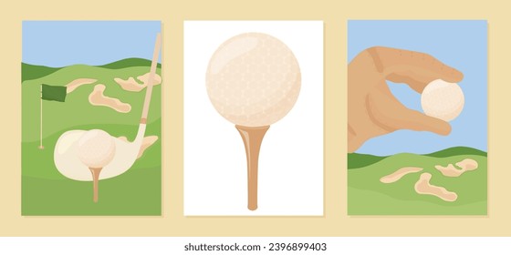 Poster of a golf game. Vector illustration. A collection of postcards for the golf club. The ball and the stick. The landscape of the playing field. golfing club and ball. Sport competition.