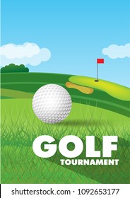 Poster of golf tournament with ball and green golf field background. Vector sport flyer design template.