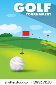 Poster of golf tournament with ball and green golf field background. Vector sport flyer design template.