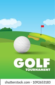 Poster of golf tournament with ball and green golf field background. Vector sport flyer design template.