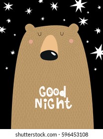 A poster of "good night". A cartoon bear. Night. Brown bear.