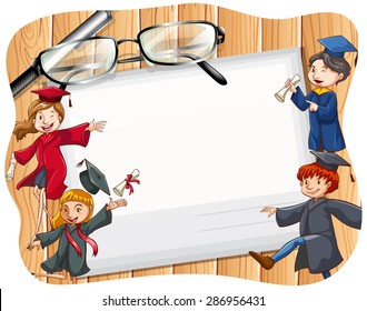 Poster of graduates celebrating with a backdrop o	f envelop and other objects