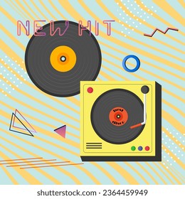 Poster with gramophone record and player.. Retro style with Memphis elements. Vector. Bright and modern poster design for social networks and web pages, advertising.