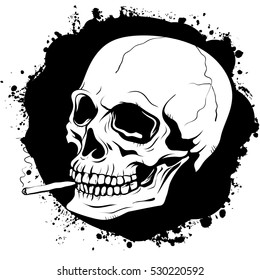 poster with a graphic pattern of human skull with a cigarette on a black background with a torn texture stained by ink