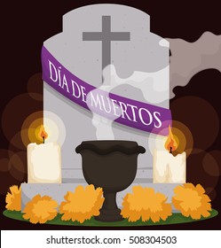 Poster with grave decorated according to the Mexican tradition of "Dia de Muertos" (Spanish for "Day of the Dead"): marigold flowers, candles and copal's incense in ceramic censer.