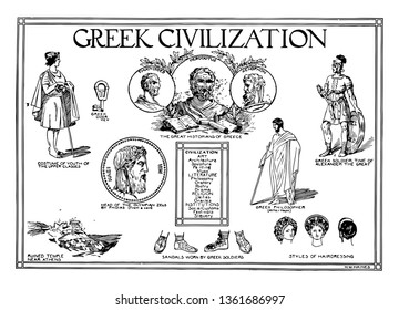 A poster of the Greek Civilization, vintage line drawing or engraving illustration.