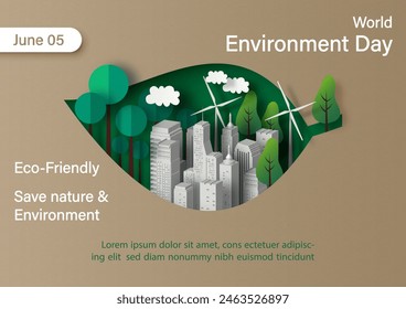 Poster of green city and environment concept, world environment day in origami paper cut and isometric style with vector illustration design.