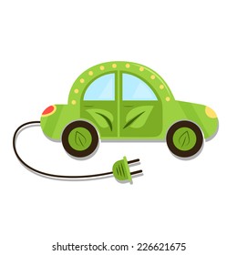 Poster of a green electric car  with plug. electric vehicles