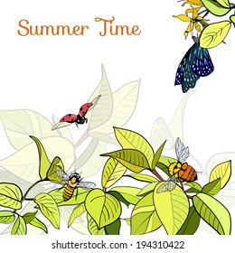 Poster with green leaves, bees and butterfly