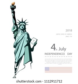 Poster. Green Linear Picture. Independence Day, USA. Statue of Liberty, book. 2018. National Symbol of America. Illustration,white, background. Use presentations, corporate reports, text, postcards,ve