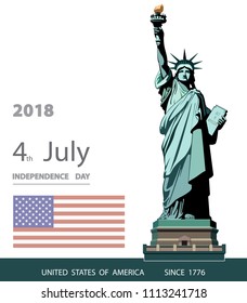 Poster. Green Linear Picture. Independence Day, USA. Statue of Liberty, book. 2018. National Symbol of America. Illustration,white, background. Use presentations, corporate reports, text, postcards,ve