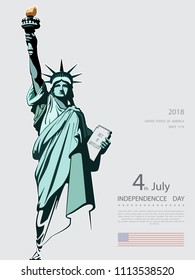 Poster. Green Linear Picture. Independence Day, USA. Statue of Liberty, book. 2018. National Symbol of America. Illustration,gray, background. Use presentations, corporate reports, text, postcards,vec