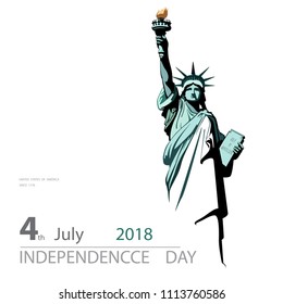 Poster. Green Linear Picture. Independence Day, USA. Statue of Liberty, book. 2018. National Symbol of America. Illustration,white, background. Use presentations, corporate reports, text, postcards