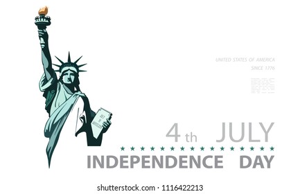  Poster. Green Linear Picture. Independence Day, USA. Statue of Liberty, book. 2018. National Symbol of America. Illustration,white, background. Use presentations, corporate reports, text, postcards,v