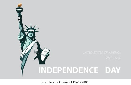 Poster. Green Linear Picture. Independence Day, USA.Statue of Liberty, book.2018. Symbol of America. Illustration, gray,background. Use presentations,corporate reports,text, stripes,postcards,vector
