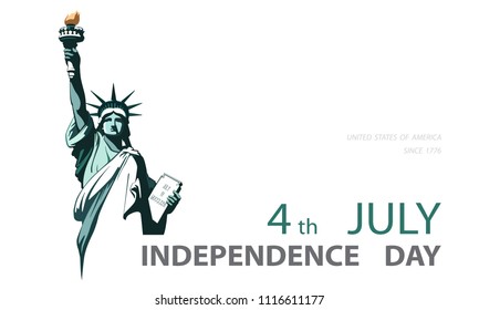 Poster. Green Linear Picture. Independence Day, USA.Statue of Liberty, book.2018. Symbol of America. Illustration, white,background. Use presentations,corporate reports,text, stripes,postcards,vector
