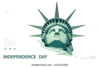 Poster. Green Linear Picture. Independence Day, USA. Statue of Liberty, book. 2018. National Symbol of America. Illustration,white, background. Use presentations, corporate reports, text, postcards,ve