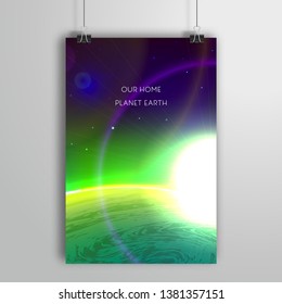Poster with a green planet and the sun in space