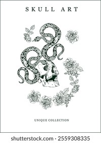 Poster with green skulls, snakes and floral designs on a light background creating a unique artistic design.	