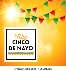 Poster with green, yellow and red triangular flags for Cinco de Mayo celebration over blue sky and sunny gradient background