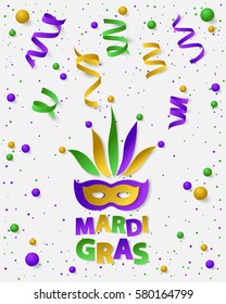 Poster with green, yellow and violet dust, confetti, balls and serpentine, ribbon. Vector illustration. Paper mask and lettering Mardi Gras on white backgound. Elements for banner, holiday, party.
