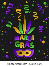 Poster with green, yellow and violet dust, confetti, balls and serpentine, ribbon. Vector illustration. Paper mask and lettering Mardi Gras on black backgound. Elements for banner, holiday, party.