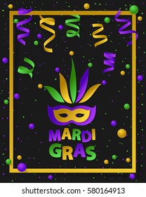 Poster with green, yellow and violet dust, confetti, frame, balls and serpentine, ribbon. Vector illustration. Paper mask and lettering Mardi Gras on black backgound. For banner, holiday, party.