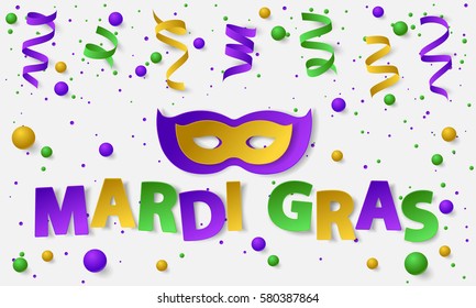 Poster with green, yellow and violet dust, confetti, balls and serpentine, ribbon. Vector illustration. Paper mask and lettering Mardi Gras on white backgound. Elements for banner, holiday, party.