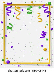 Poster with green, yellow and violet dust, confetti, balls and paper frame. Vector illustration for Mardi Gras on white backrgound. Elements for banner, holiday, party.