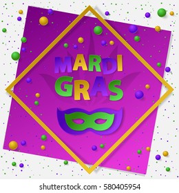 Poster with green, yellow and violet dust, confetti, balls and frame. Vector illustration. Paper mask and lettering Mardi Gras on white and purple backgound. Elements for banner, holiday, party.