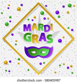 Poster with green, yellow and violet dust, confetti, balls and frame. Vector illustration. Paper mask and lettering Mardi Gras on white backgound. Elements for banner, holiday, party.