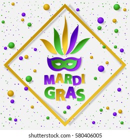 Poster with green, yellow and violet dust, confetti, balls and frame. Vector illustration. Paper mask and lettering Mardi Gras on white backgound. Elements for banner, holiday, party.