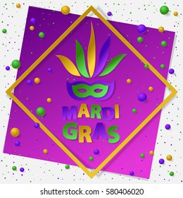 Poster with green, yellow and violet dust, confetti, balls and frame. Vector illustration. Paper mask and lettering Mardi Gras on white and purple backgound. Elements for banner, holiday, party.