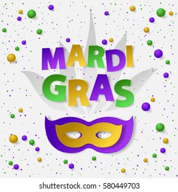Poster with green, yellow and violet dust, confetti and balls. Vector illustration. Paper mask and lettering Mardi Gras on white backgound. For banner, holiday, party.