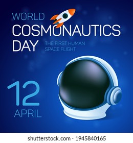 Poster or greeting card to 12 April - International Cosmonautics Day. The first human space flight. Vector illustration with the astronaut's helmet and flying rocket or shuttle on the blue background