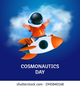 Poster or greeting card to 12 April - International Cosmonautics Day. The first human space flight. Vector illustration of kid astronaut in a helmet on the flying rocket on blue and cloudy background