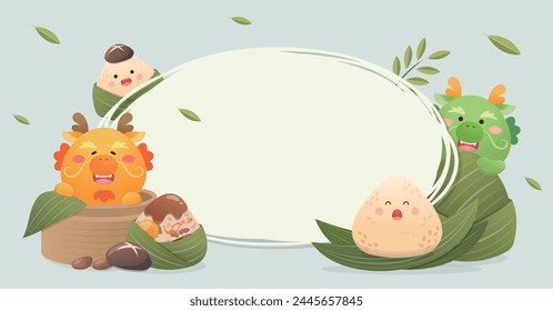 Poster or greeting card for Chinese Dragon Boat Festival, cute dragon mascot or character, traditional food rice dumplings and steamer, vector illustration