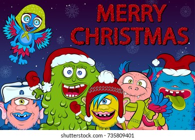 Poster, greeting card with Christmas monsters, dressed in winter clothes. Winter night sky with falling snowflakes.