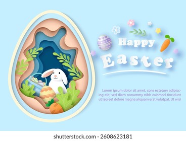 Poster and greeting card of Easter's day in layers paper cut style with colorful decoration and blue background