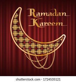 Poster or greeting card of Ramadan Kareem, golden crescent moon decorated by stars and beads. Arabic culture, month occasion, religious sign vector