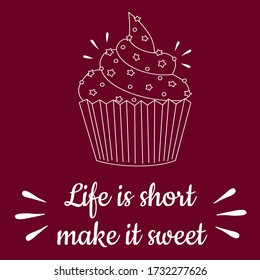 Poster or greeting card template with cake with cream. Postcard with sweets. Vector stock illustration on a burgundy background.