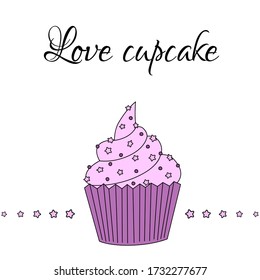 Poster or greeting card template with cake with cream. Postcard with sweets. Vector stock illustration on a white background.