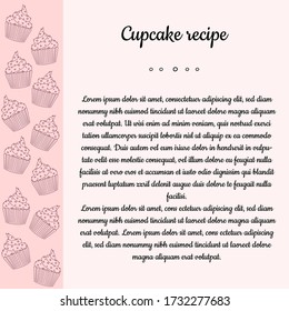 Poster or greeting card template with cakes with cream. Book of recipes with sweets. Vector stock illustration on a pink background.