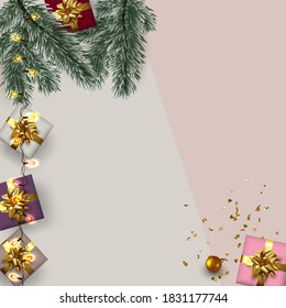 Poster, greeting cards, banner. Xmas card with gift boxes and Christmas decoration