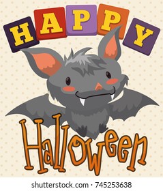 Poster with greeting message and cute baby bat smiling at you in Halloween celebration for children.