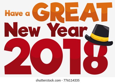 Poster with greeting message and festive hat for the upcoming year 2018.