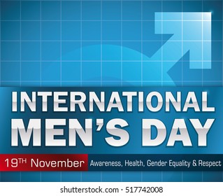 Poster with greeting message and values commemorated in International Men's Day with masculine symbol in the background in water mark effect.